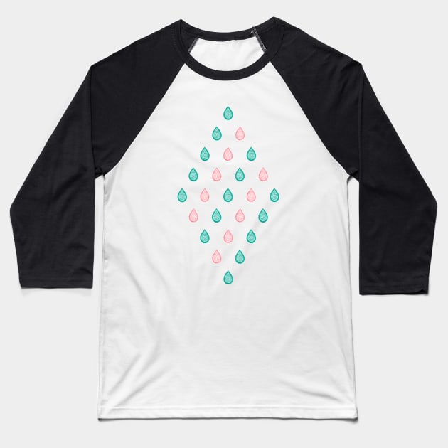 Turquoise blue and coral pink raindrops Baseball T-Shirt by Savousepate